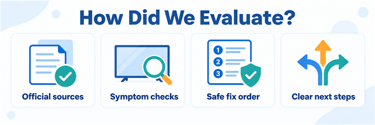 How we evaluated TiviMate fixes using official sources, symptom checks, safe fix order, and clear next steps